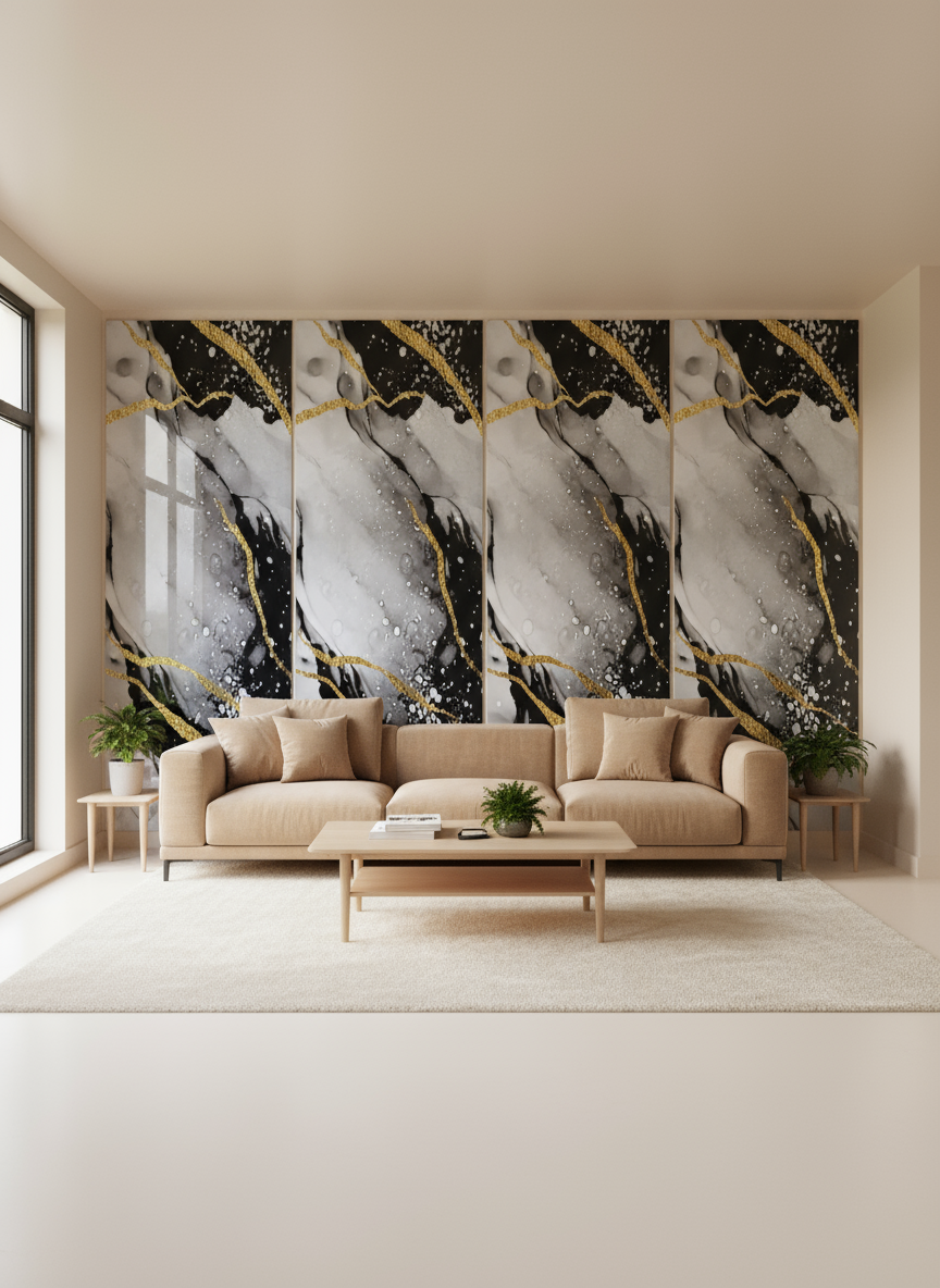 ПВЦ панел Нощен Ефект – черно-бяло със златни пръски (122×260 см)