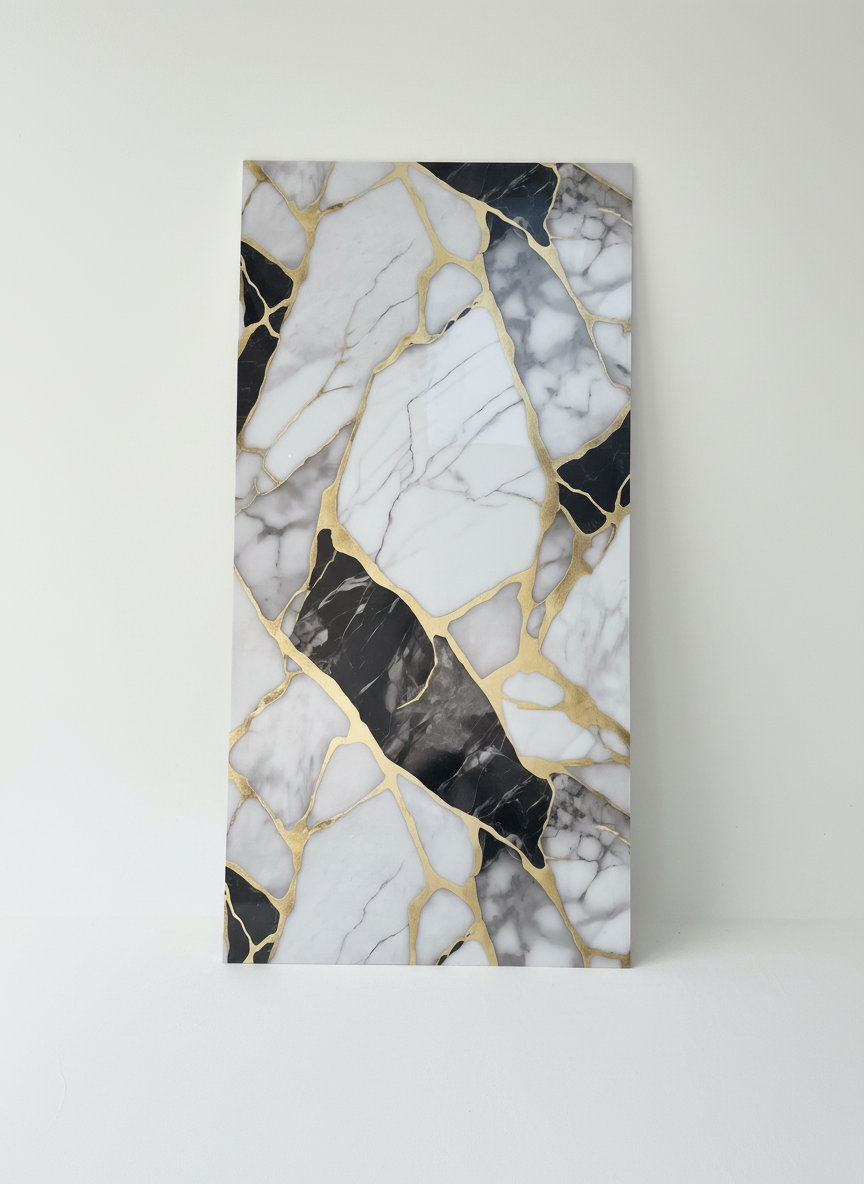 ПВЦ панел Калцита Лукс – бяло/черно със златни сегменти (122×260 см)
