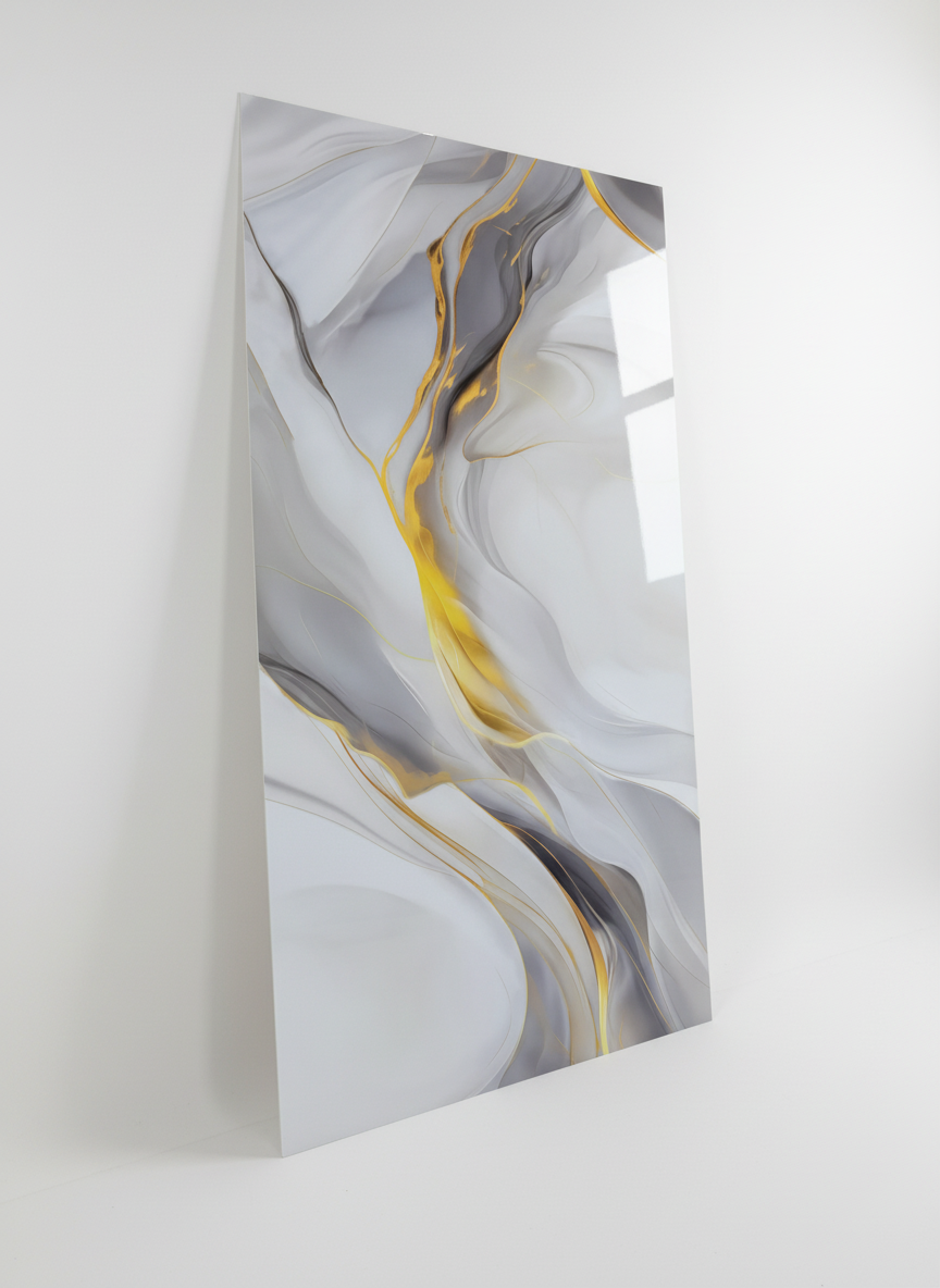 ПВЦ панел Аура Златна – меки сиви вълни със злато (122×260 см)