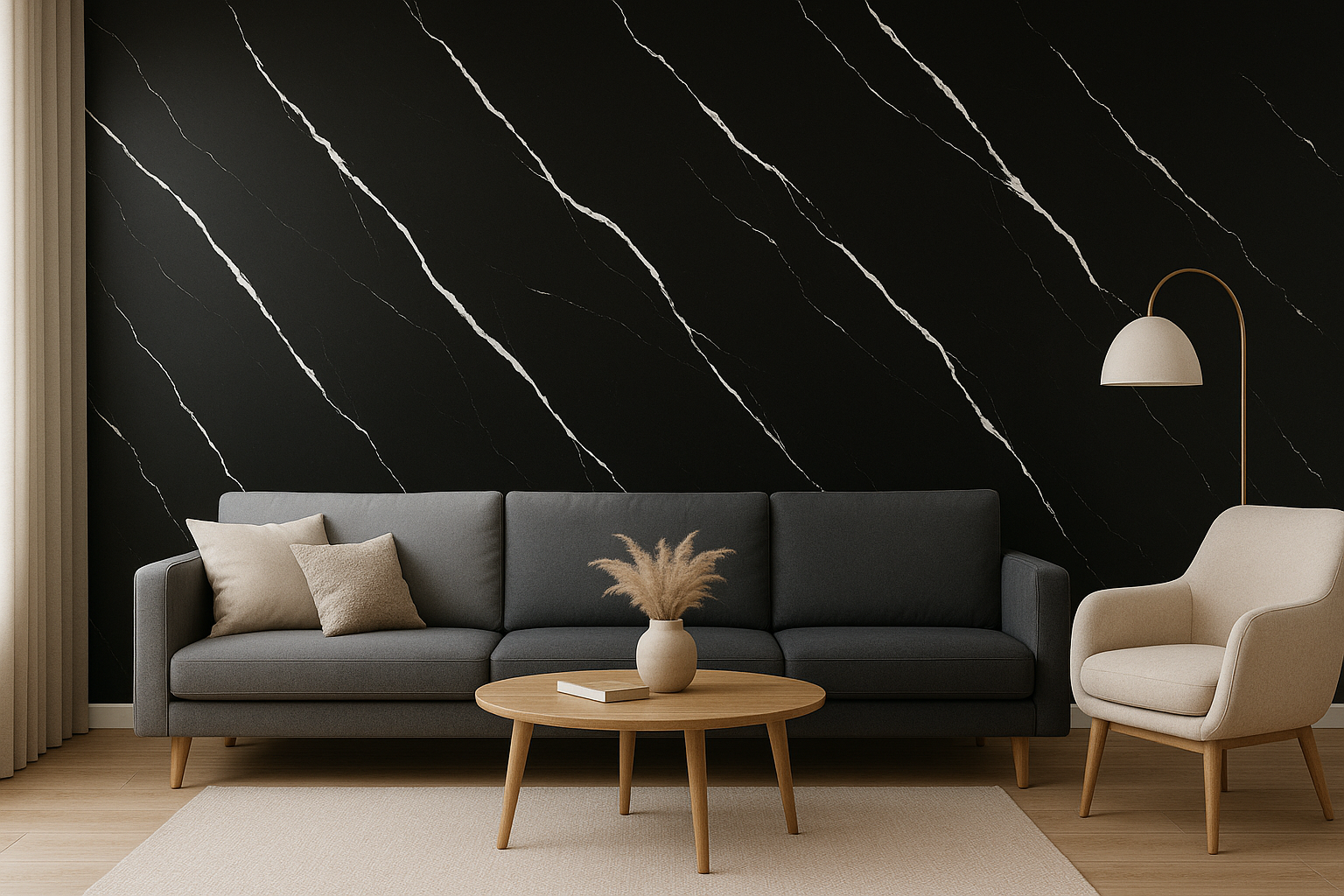 ПВЦ стенен панел 122×244 см – Черен гланц с бели жилки