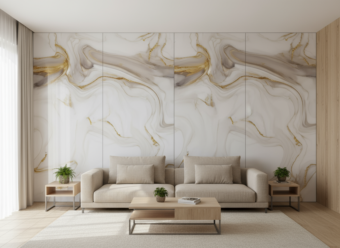 ПВЦ панел Оникс Златен Вихър – кремаво със златни течения (122×260 см)
