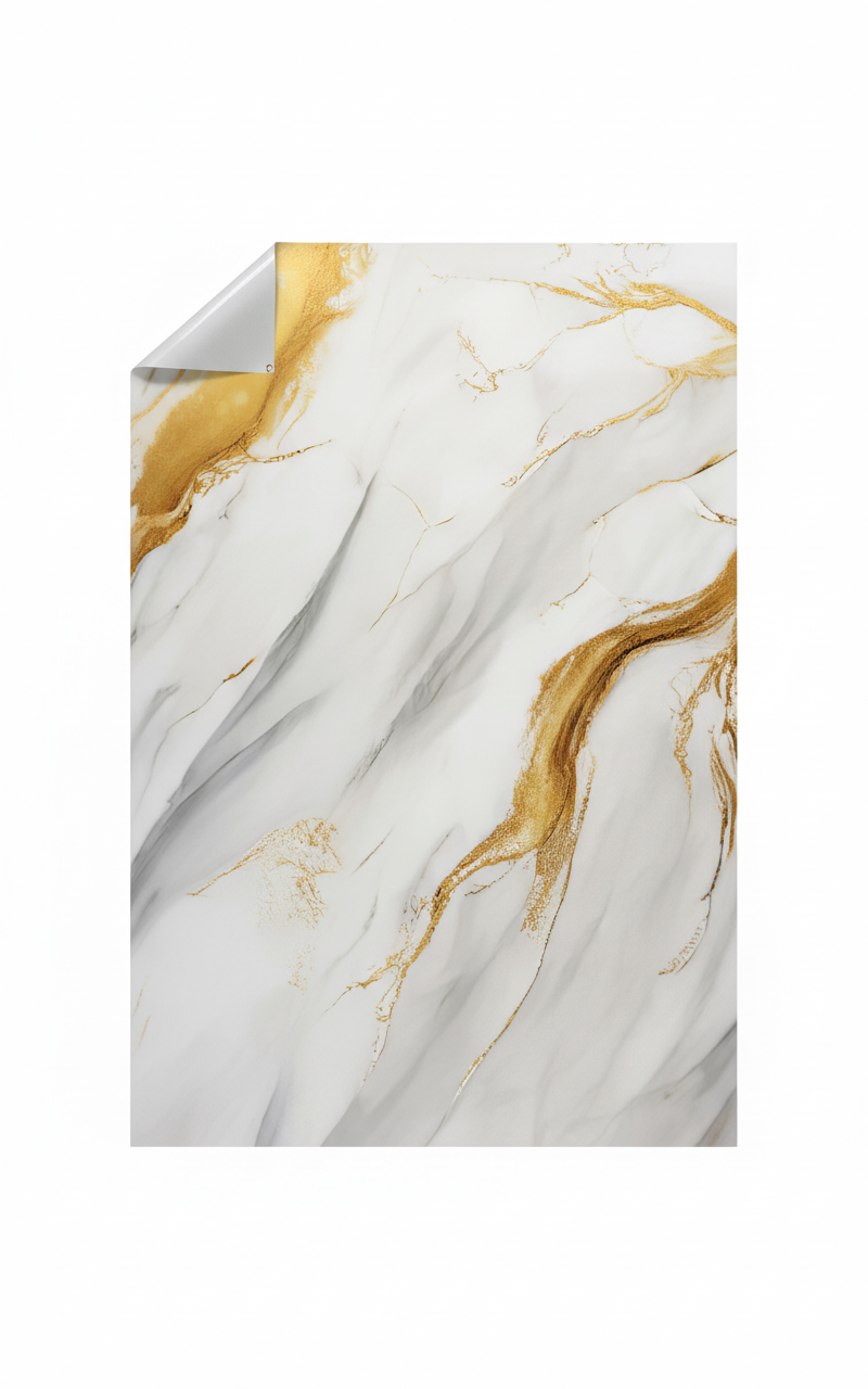 Декоративно самозалепващо фолио – Calacatta Aura Gold, широки златни жили (120×300 см)