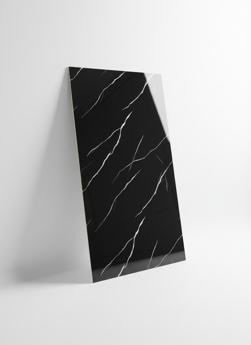 ПВЦ стенен панел 122×244 см – Черен гланц с бели жилки