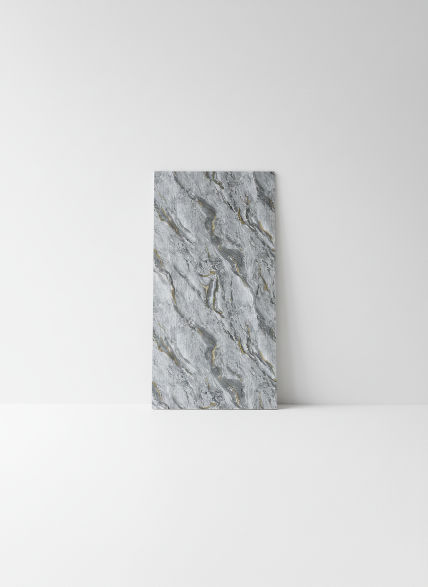 ПВЦ релефен стенен панел 122×244 см – Сив мрамор златни вени