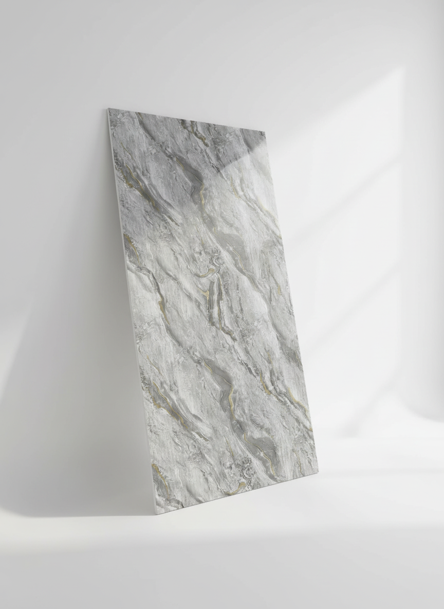 ПВЦ релефен стенен панел 122×244 см – Сив мрамор златни вени