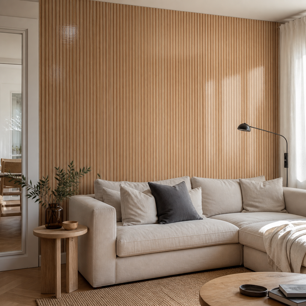 Декоративно самозалепващо фолио – Warm Oak Slats, топъл дъб с ламелен ефект (120×300 см)