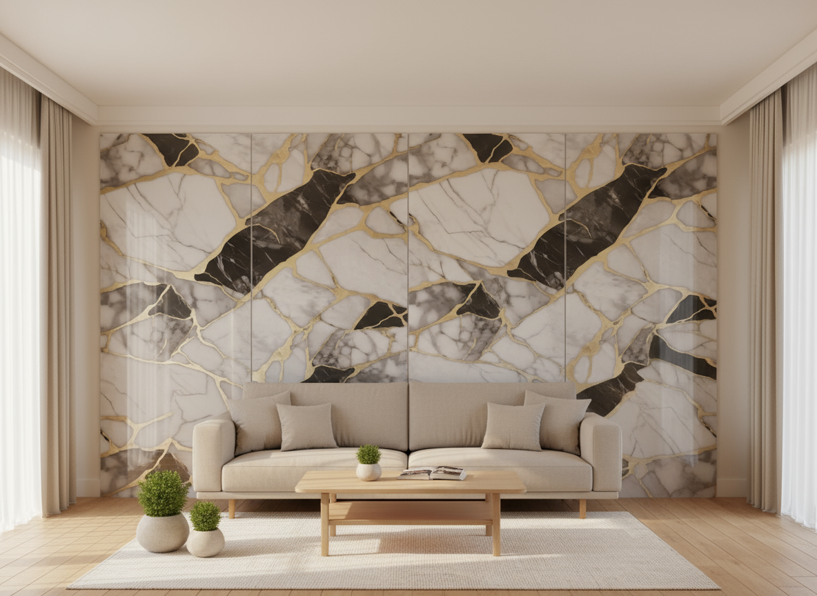 ПВЦ панел Калцита Лукс – бяло/черно със златни сегменти (122×260 см)