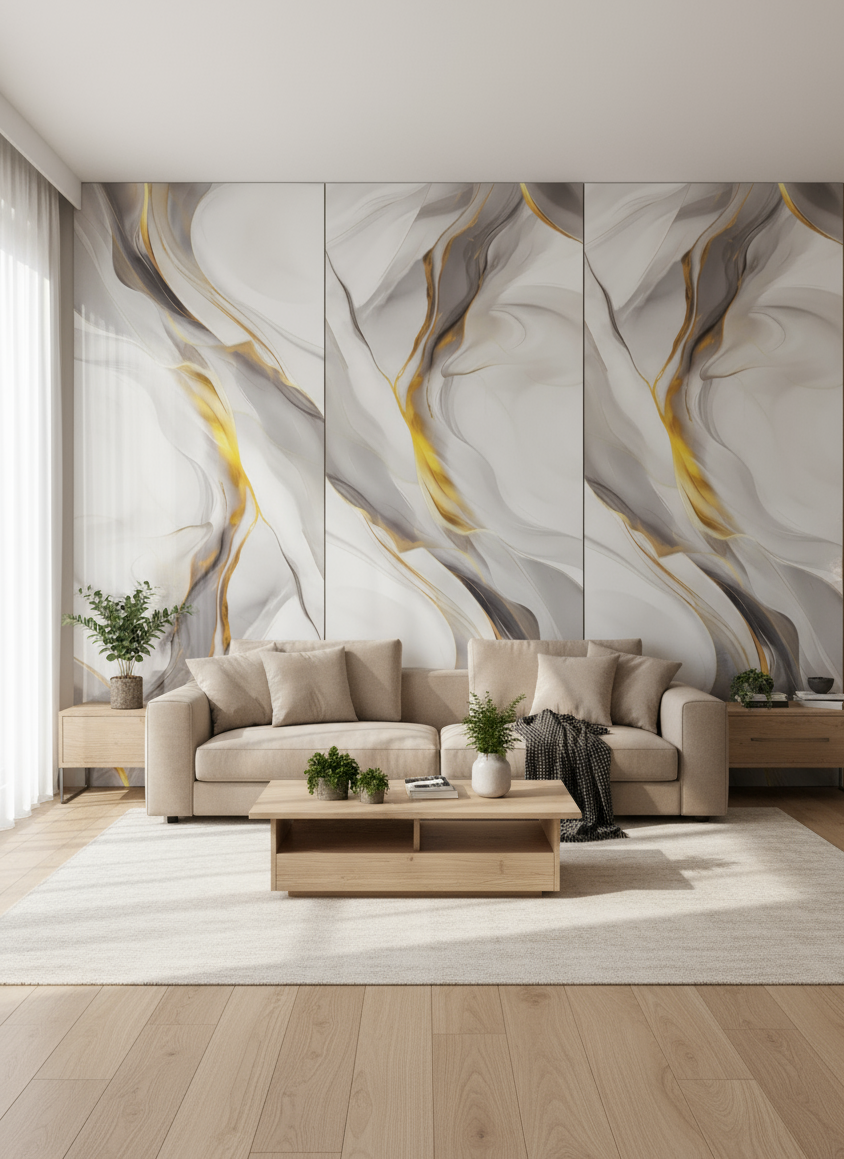 ПВЦ панел Аура Златна – меки сиви вълни със злато (122×260 см)