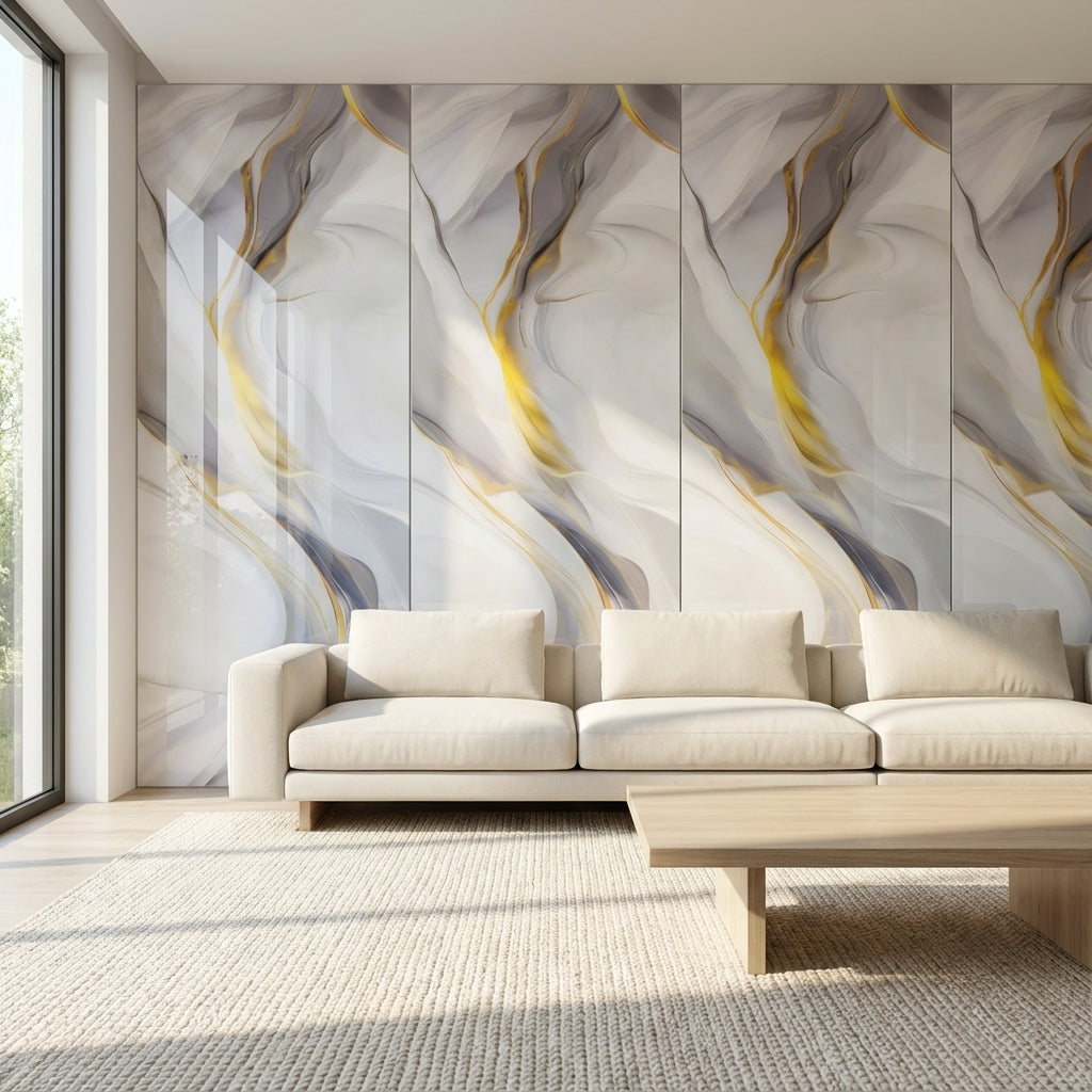 ПВЦ панел Аура Златна – меки сиви вълни със злато (122×260 см)
