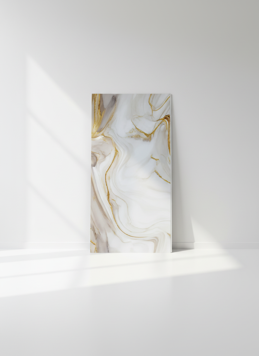 ПВЦ панел Оникс Златен Вихър – кремаво със златни течения (122×260 см)