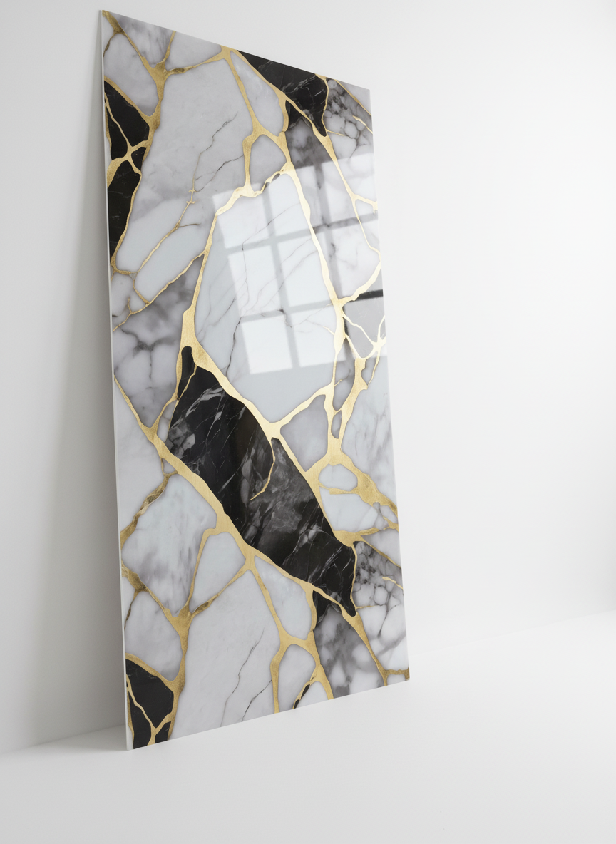 ПВЦ панел Калцита Лукс – бяло/черно със златни сегменти (122×260 см)