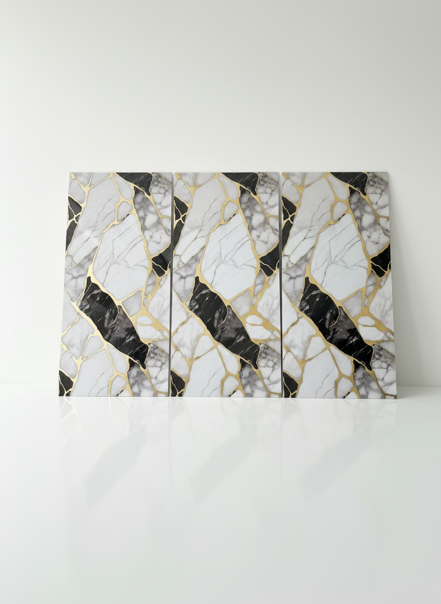 ПВЦ панел Калцита Лукс – бяло/черно със златни сегменти (122×260 см)