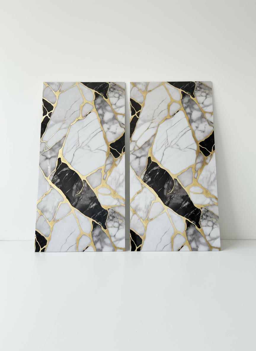 ПВЦ панел Калцита Лукс – бяло/черно със златни сегменти (122×260 см)