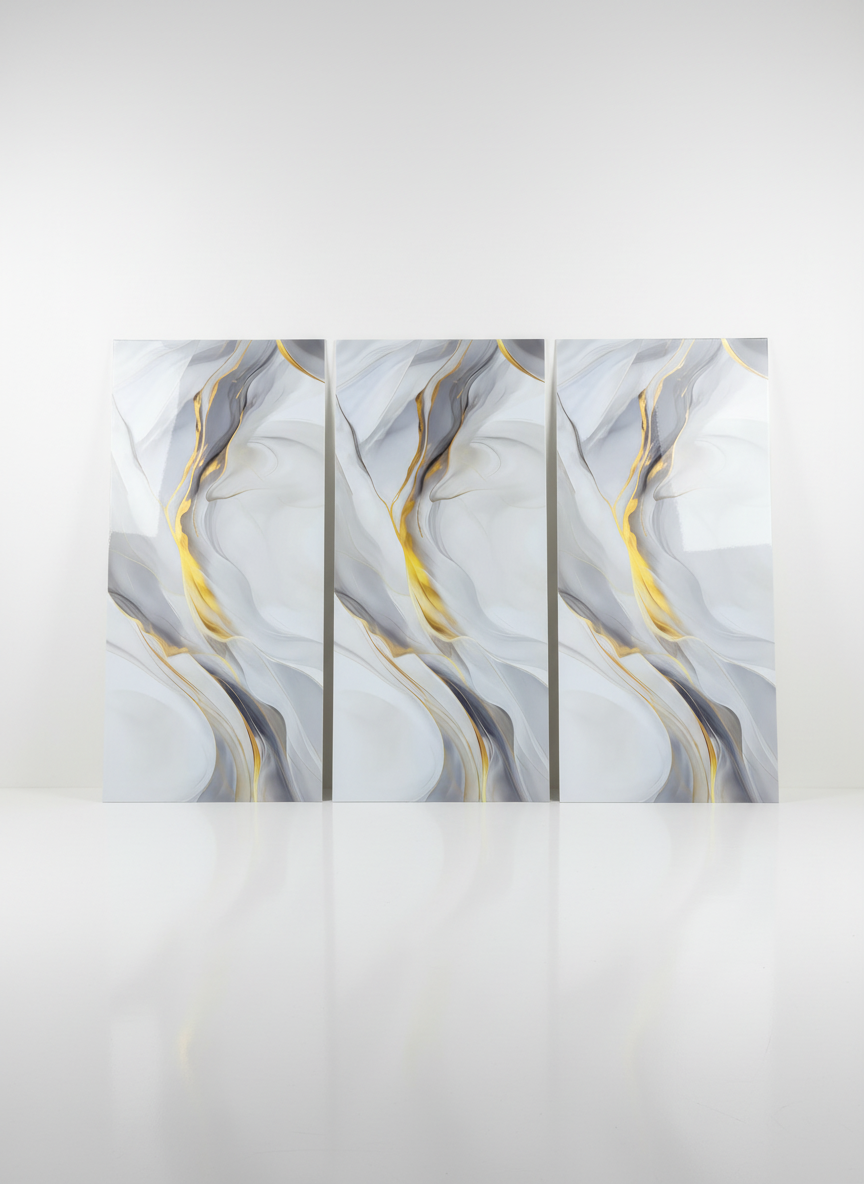 ПВЦ панел Аура Златна – меки сиви вълни със злато (122×260 см)