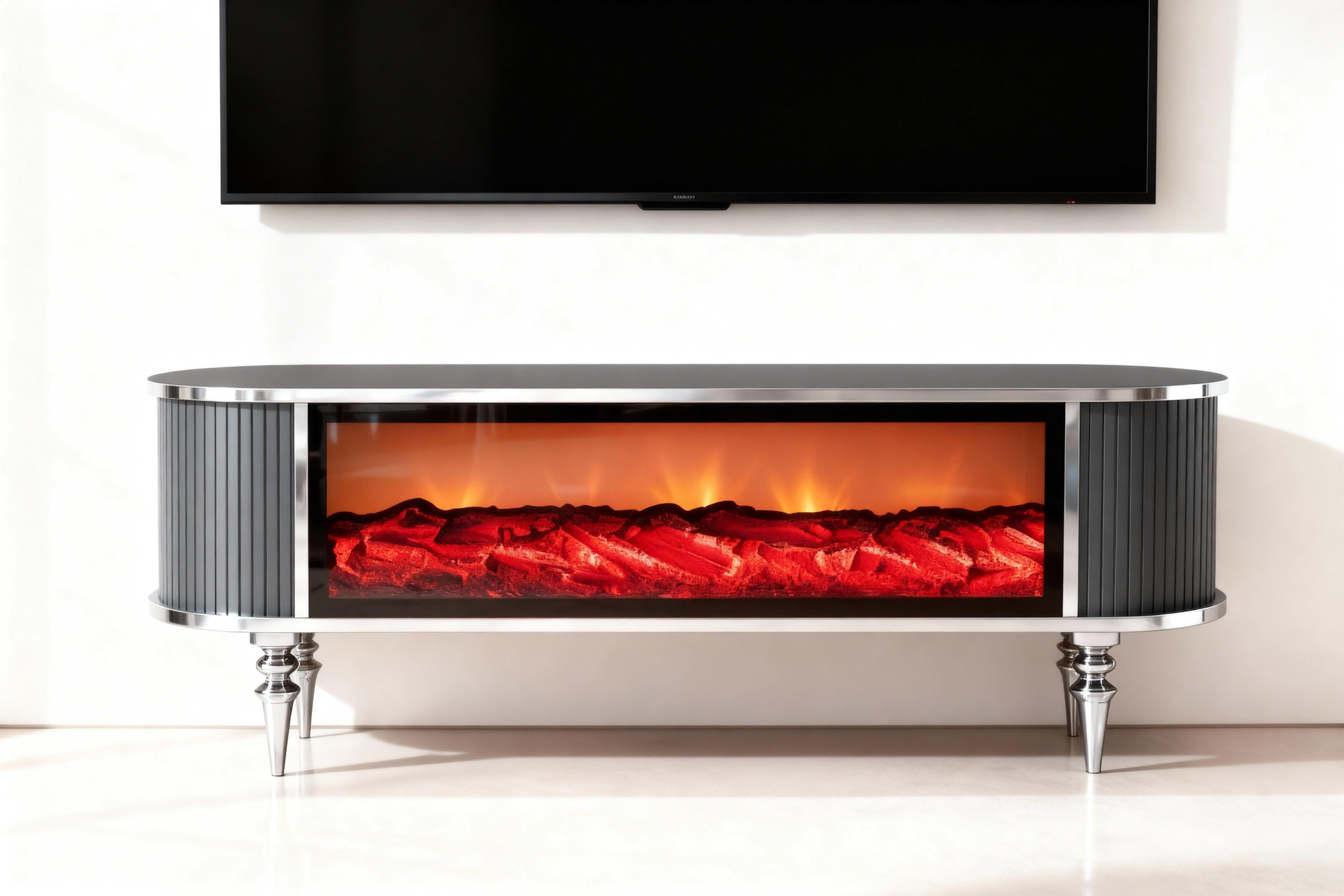 Смарт ТВ шкаф Виеста с камина и аудио – Антрацит и сребро (160×38×53 см)