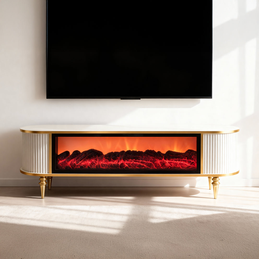 Смарт ТВ шкаф Виеста с камина и аудио – Крем със злато (160×38×53 см)