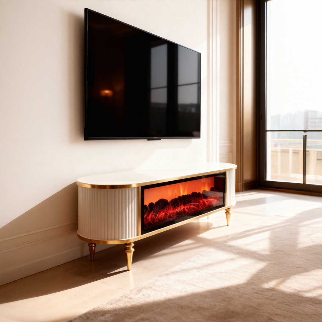 Смарт ТВ шкаф Виеста с камина и аудио – Крем със злато (160×38×53 см)