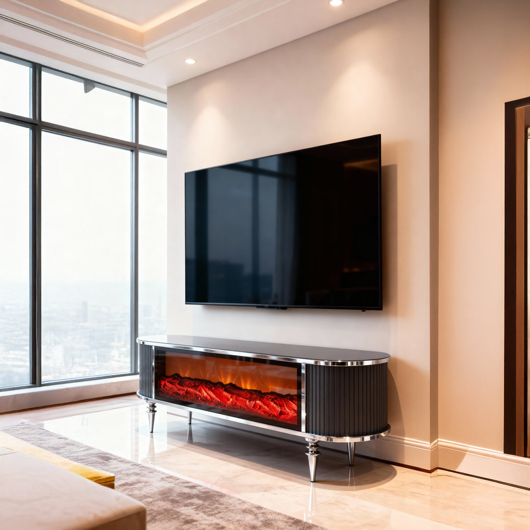 Смарт ТВ шкаф Виеста с камина и аудио – Антрацит и сребро (160×38×53 см)