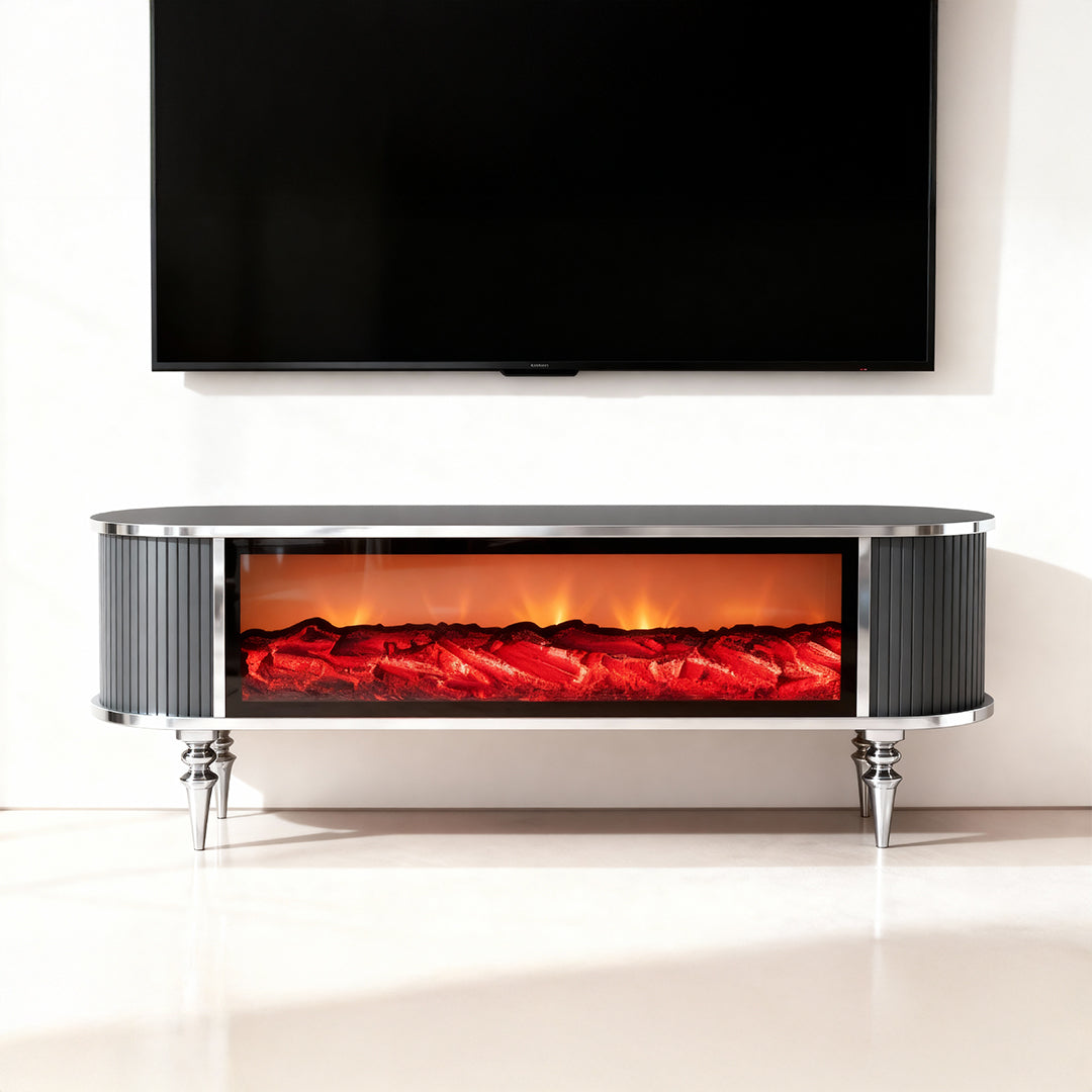 Смарт ТВ шкаф Виеста с камина и аудио – Антрацит и сребро (160×38×53 см)