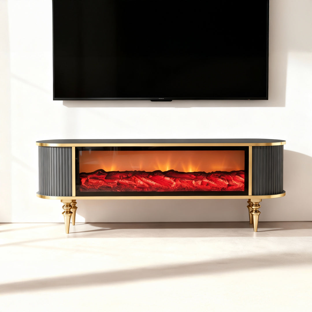 Смарт ТВ шкаф Виеста с камина и аудио – Антрацит и злато (160×38×53 см)