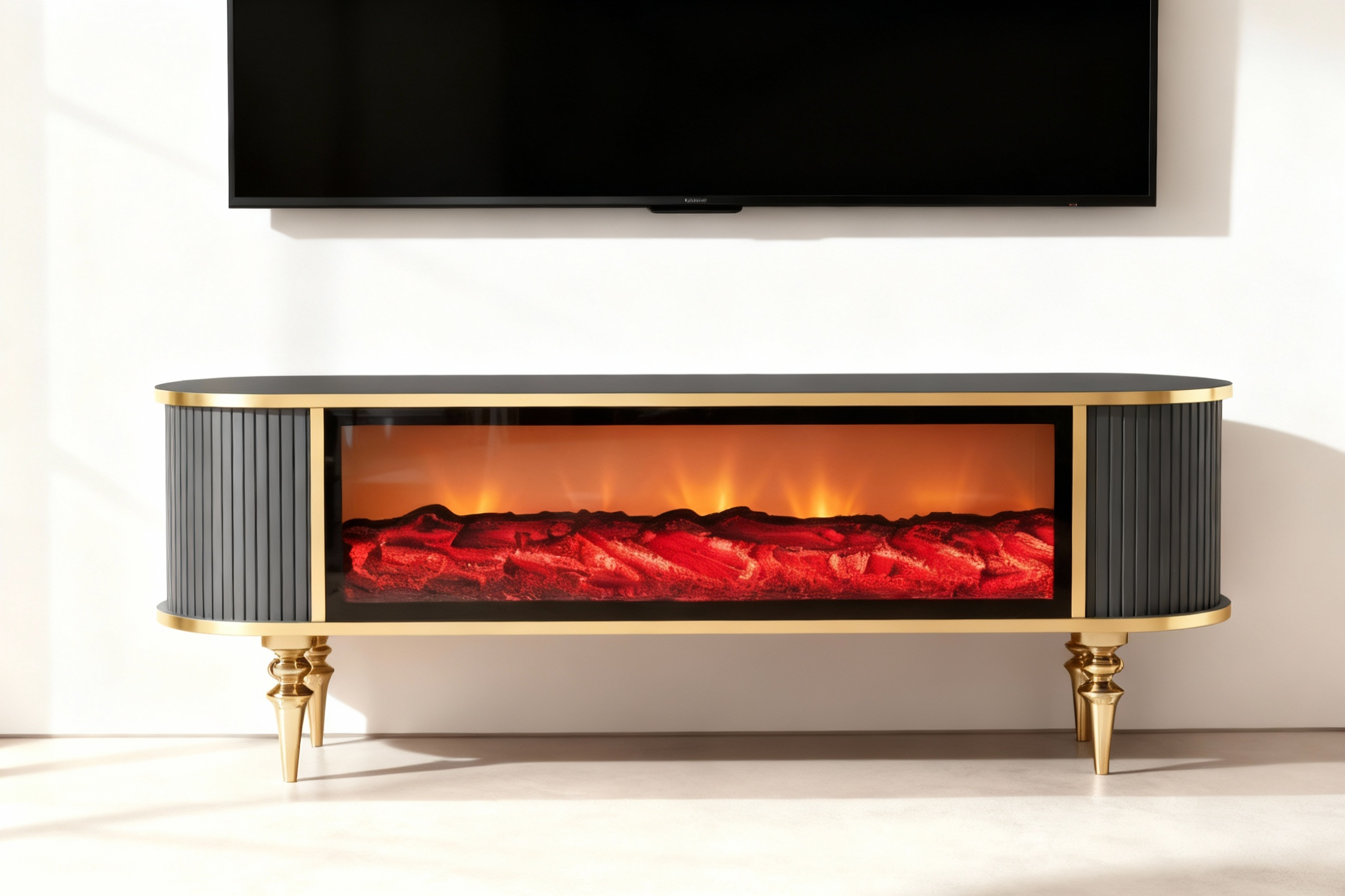 Смарт ТВ шкаф Виеста с камина и аудио – Антрацит и злато (160×38×53 см)