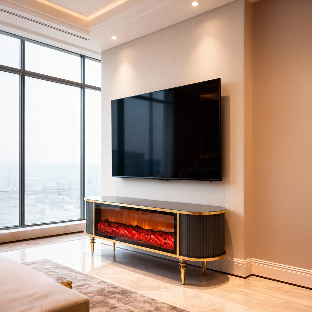 Смарт ТВ шкаф Виеста с камина и аудио – Антрацит и злато (160×38×53 см)