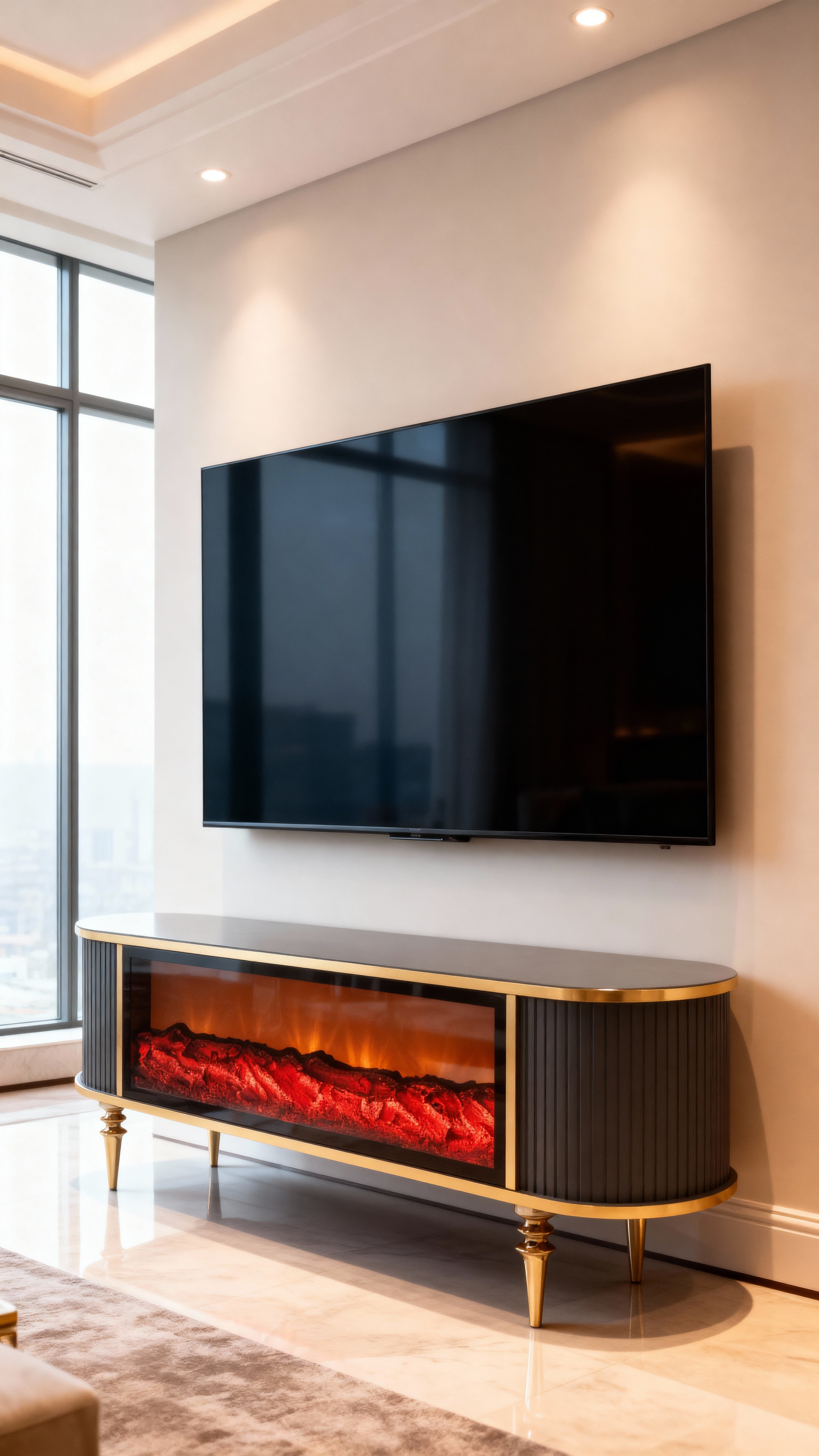 Смарт ТВ шкаф Виеста с камина и аудио – Антрацит и злато (160×38×53 см)