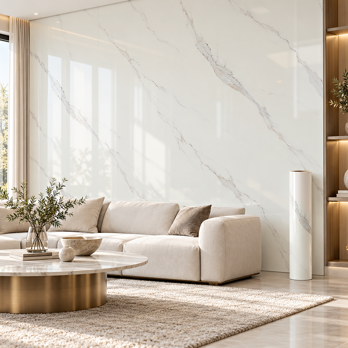 Декоративно самозалепващо фолио – Statuario Vein мрамор, 120×300 см — интериор с монтирано фолио и ролка