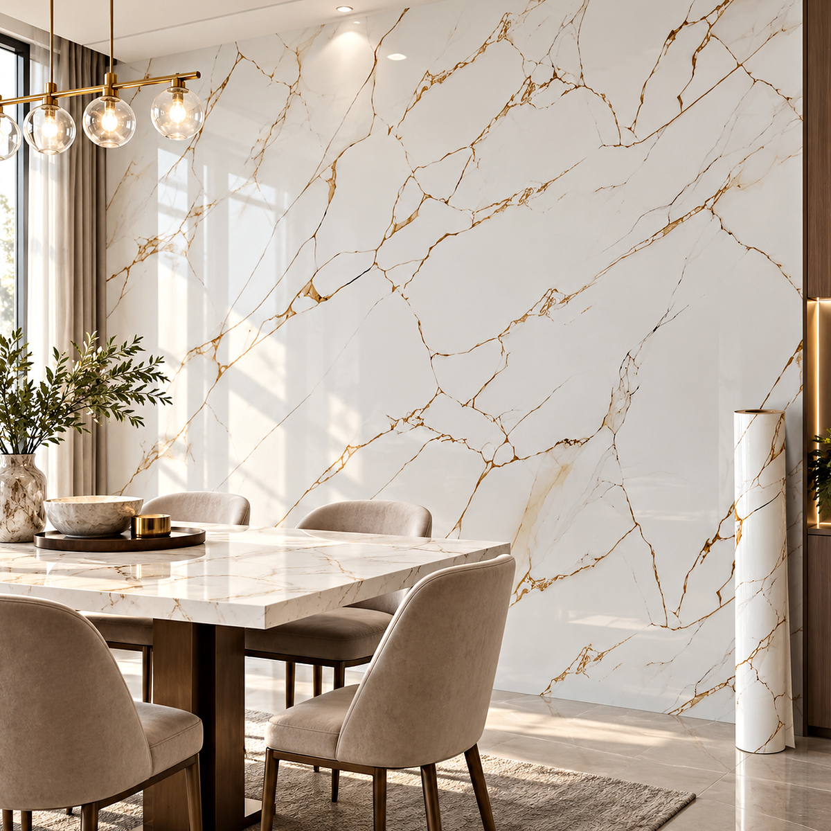 Декоративно самозалепващо фолио – Calacatta Gold Fracture, бял мрамор със златни жилки (120×300 см) — интериор с монтирано фолио и ролка