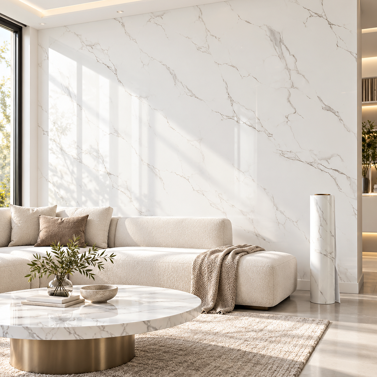 Декоративно самозалепващо фолио – Carrara Cloud Web, 120×300 см — интериор с монтирано фолио и ролка