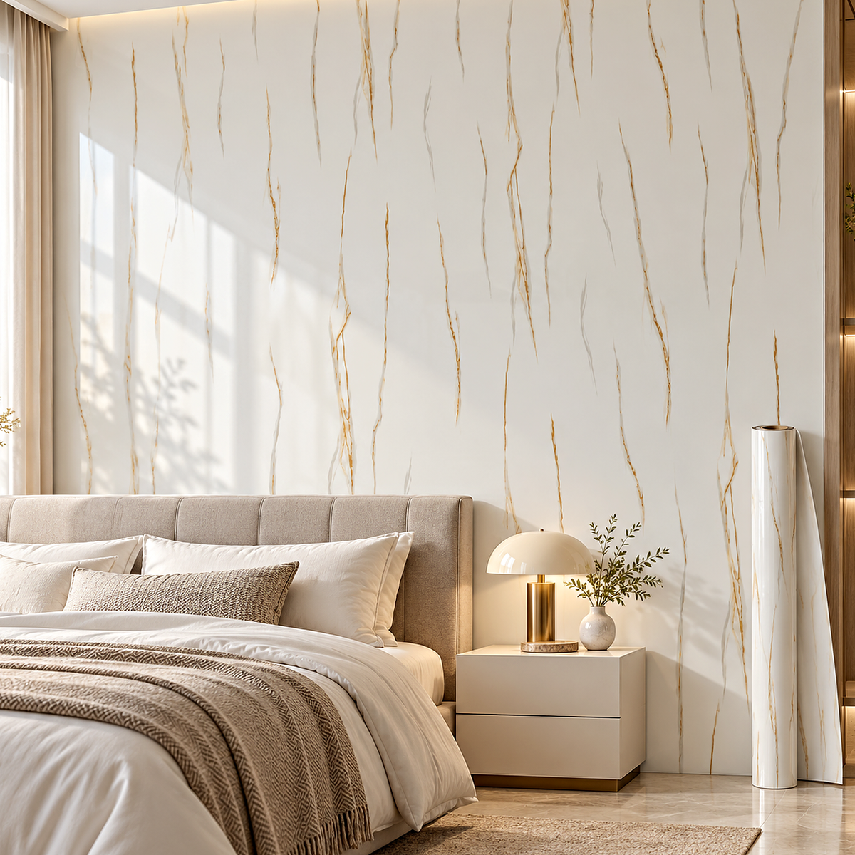 Декоративно самозалепващо фолио – Ivory Gold Lines, бял мрамор с фини златни жилки (120×300 см) — интериор с монтирано фолио и ролка