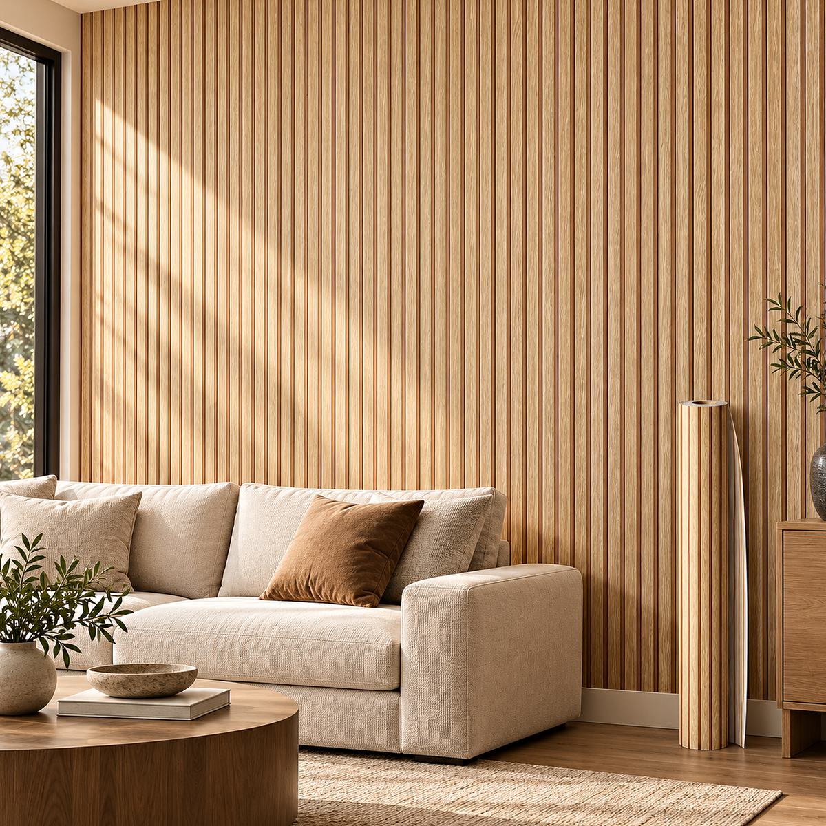 Декоративно самозалепващо фолио – Warm Oak Slats, топъл дъб с ламелен ефект (120×300 см) — интериор с монтирано фолио и ролка
