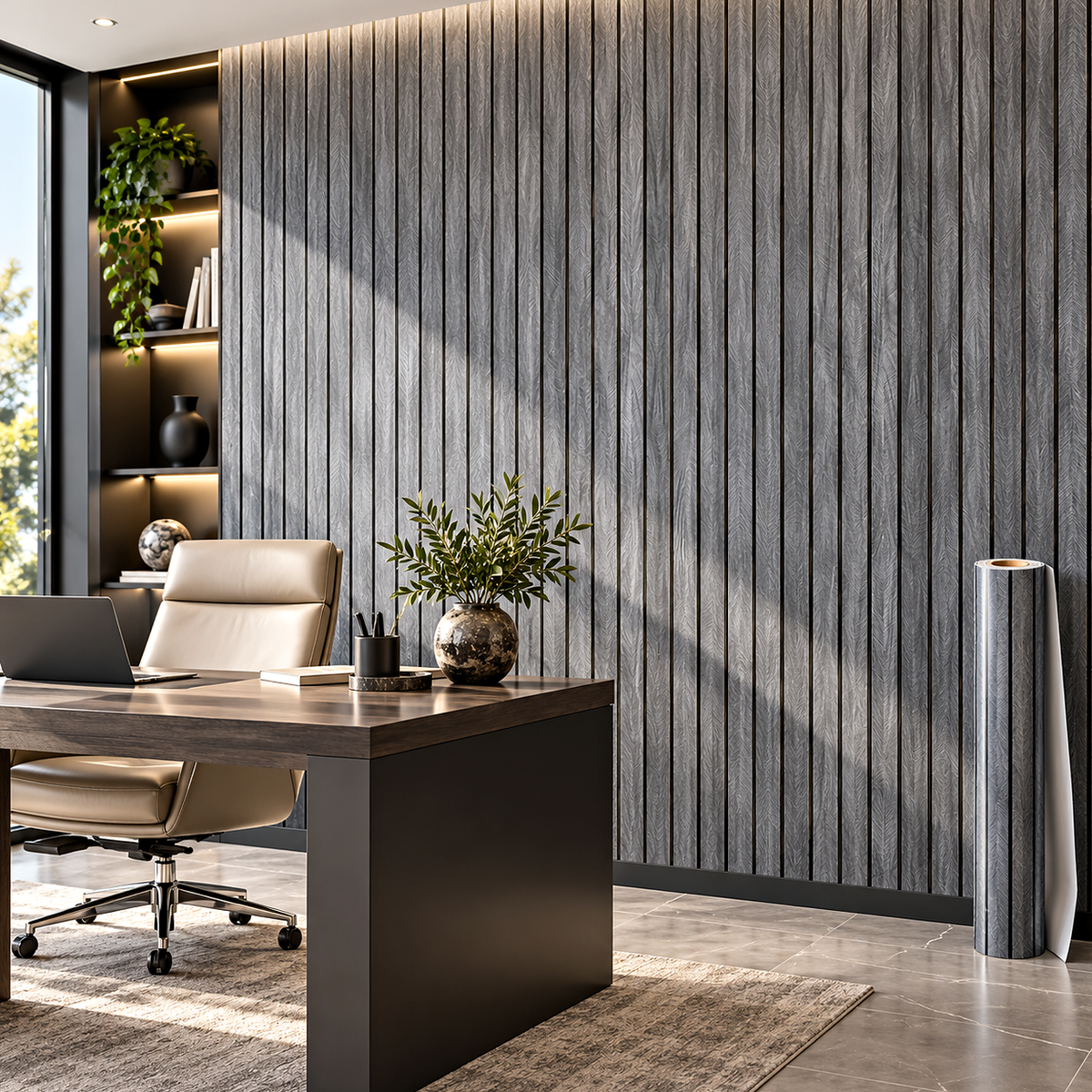 Декоративно самозалепващо фолио – Graphite Wood Slats, графитено дърво с ламелен ефект (120×300 см) — интериор с монтирано фолио и ролка