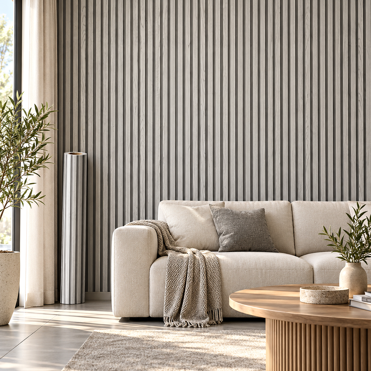 Декоративно самозалепващо фолио – Grey Ash Slats, сив ясен с ламелен ефект (120×300 см) — интериор с монтирано фолио и ролка