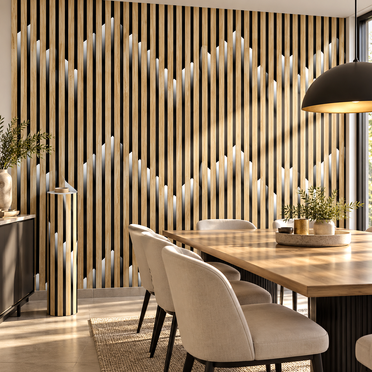 Декоративно самозалепващо фолио – Natural Oak Light Slats, натурален дъб със светлинен ефект (120×300 см) — интериор с монтирано фолио и ролка