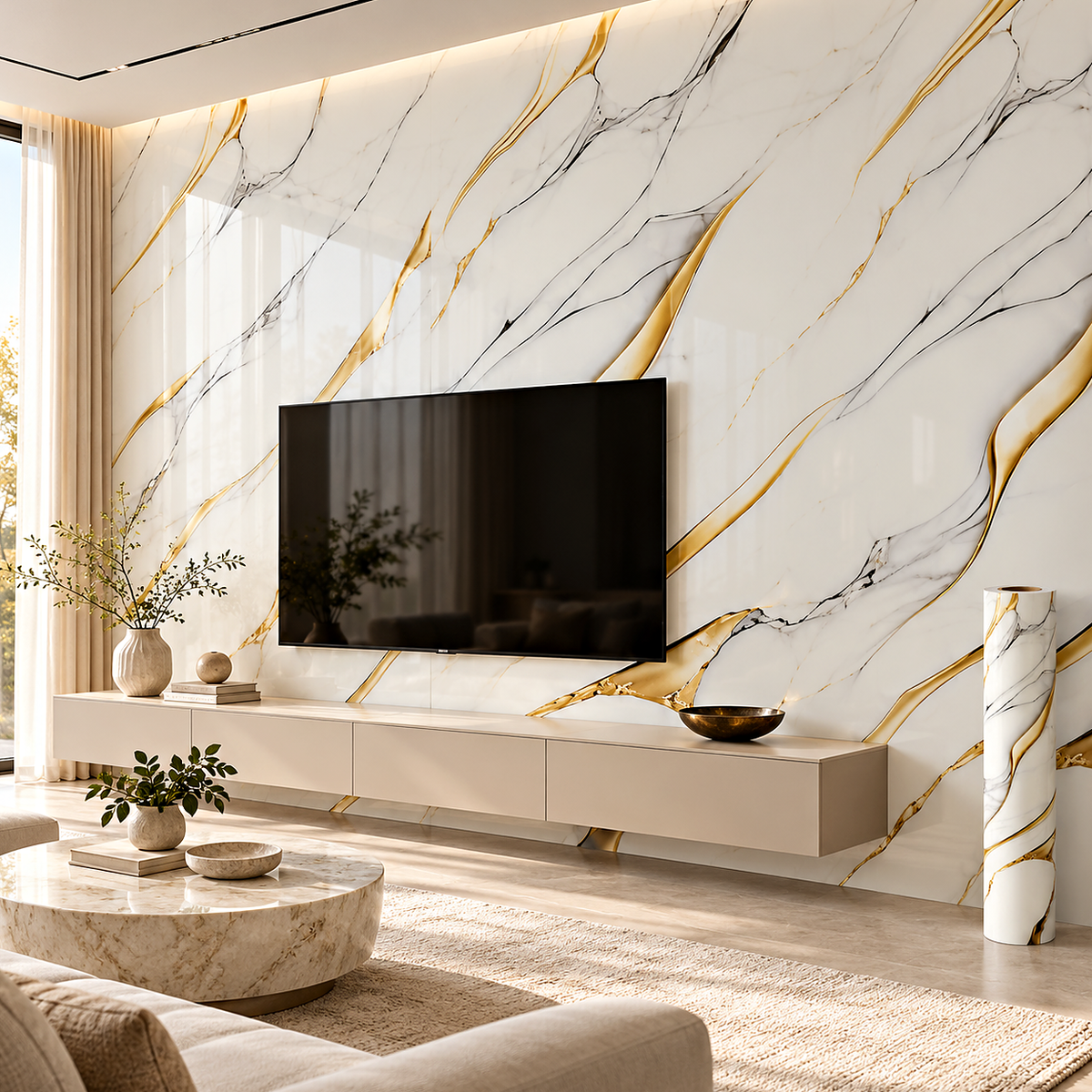 Декоративно самозалепващо фолио – Aurum Wave Calacatta, 120×300 см — интериор с монтирано фолио и ролка