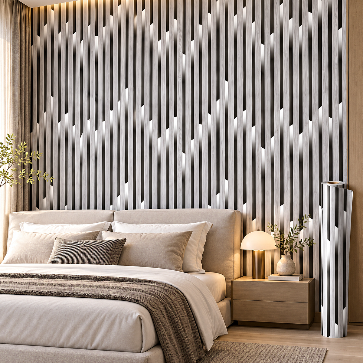 Декоративно самозалепващо фолио – White Ash Light Slats, светъл ясен със светлинен ефект (120×300 см) — интериор с монтирано фолио и ролка