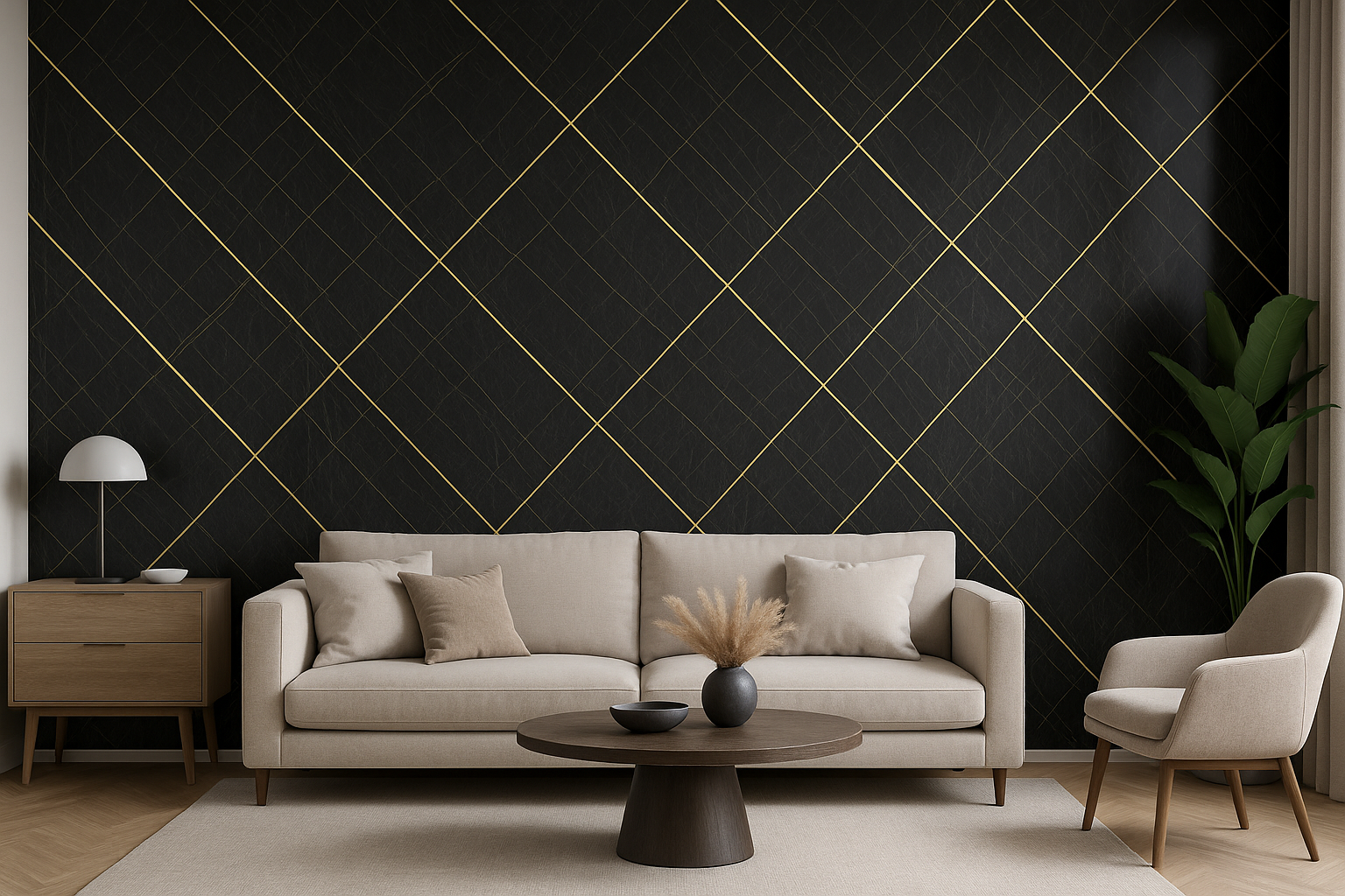 Декоративно самозалепващо фолио – Черна геометрия със златни линии „Gold Grid“ (120×300 см)