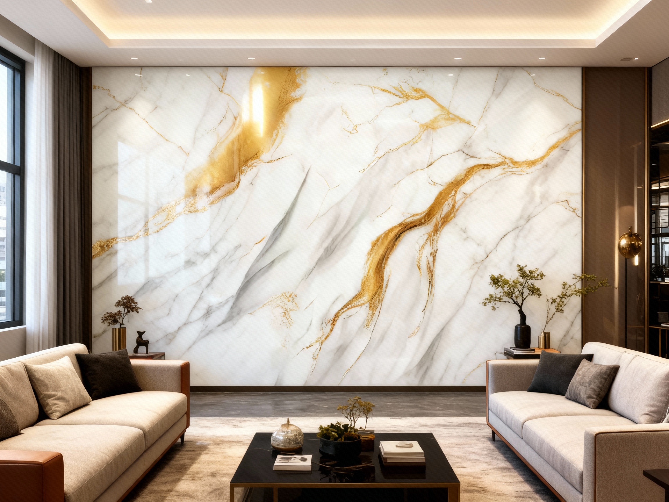 Декоративно самозалепващо фолио – Calacatta Aura Gold, широки златни жили (120×300 см)