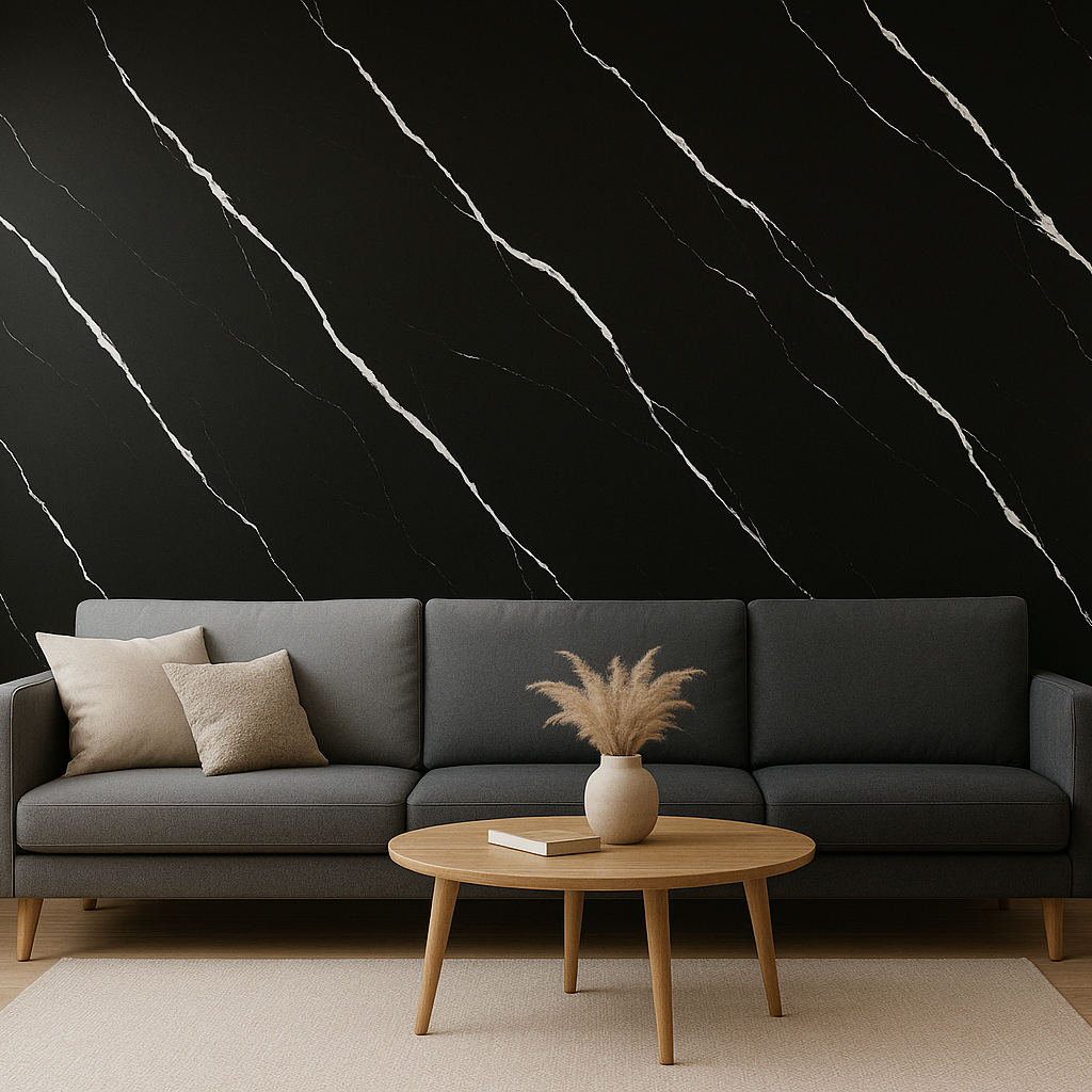 ПВЦ стенен панел 122×244 см – Черен гланц с бели жилки