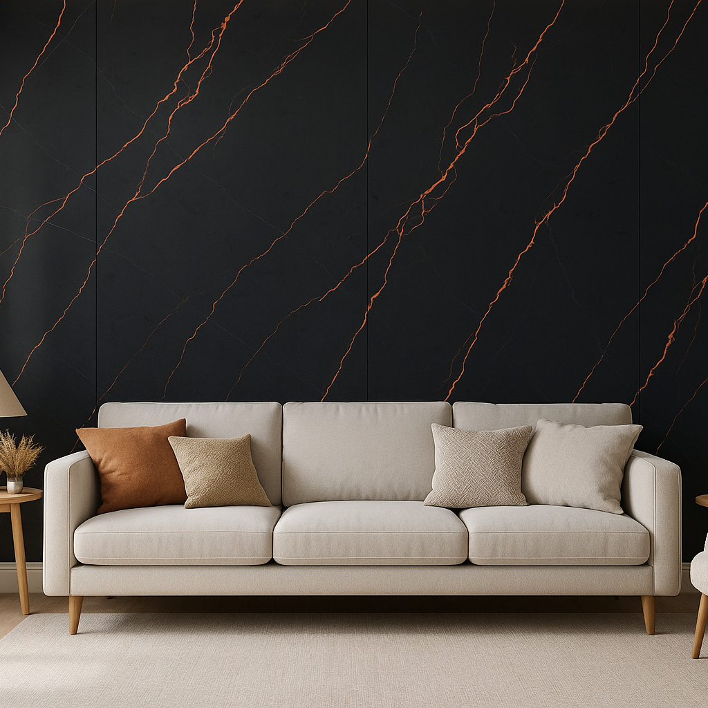 ПВЦ стенен панел 122×244 см – Черен мрамор с медни вени