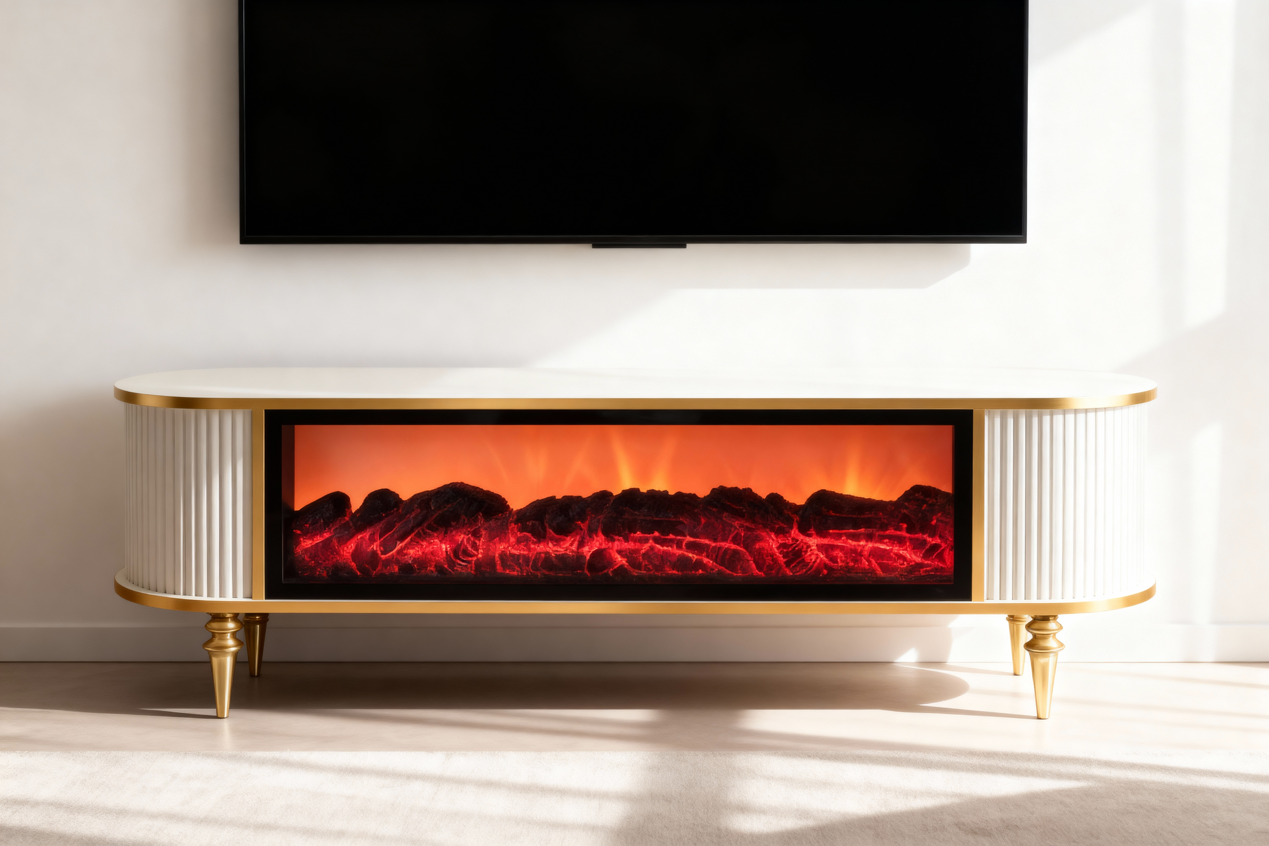 Смарт ТВ шкаф Виеста с камина и аудио – Крем със злато (160×38×53 см)