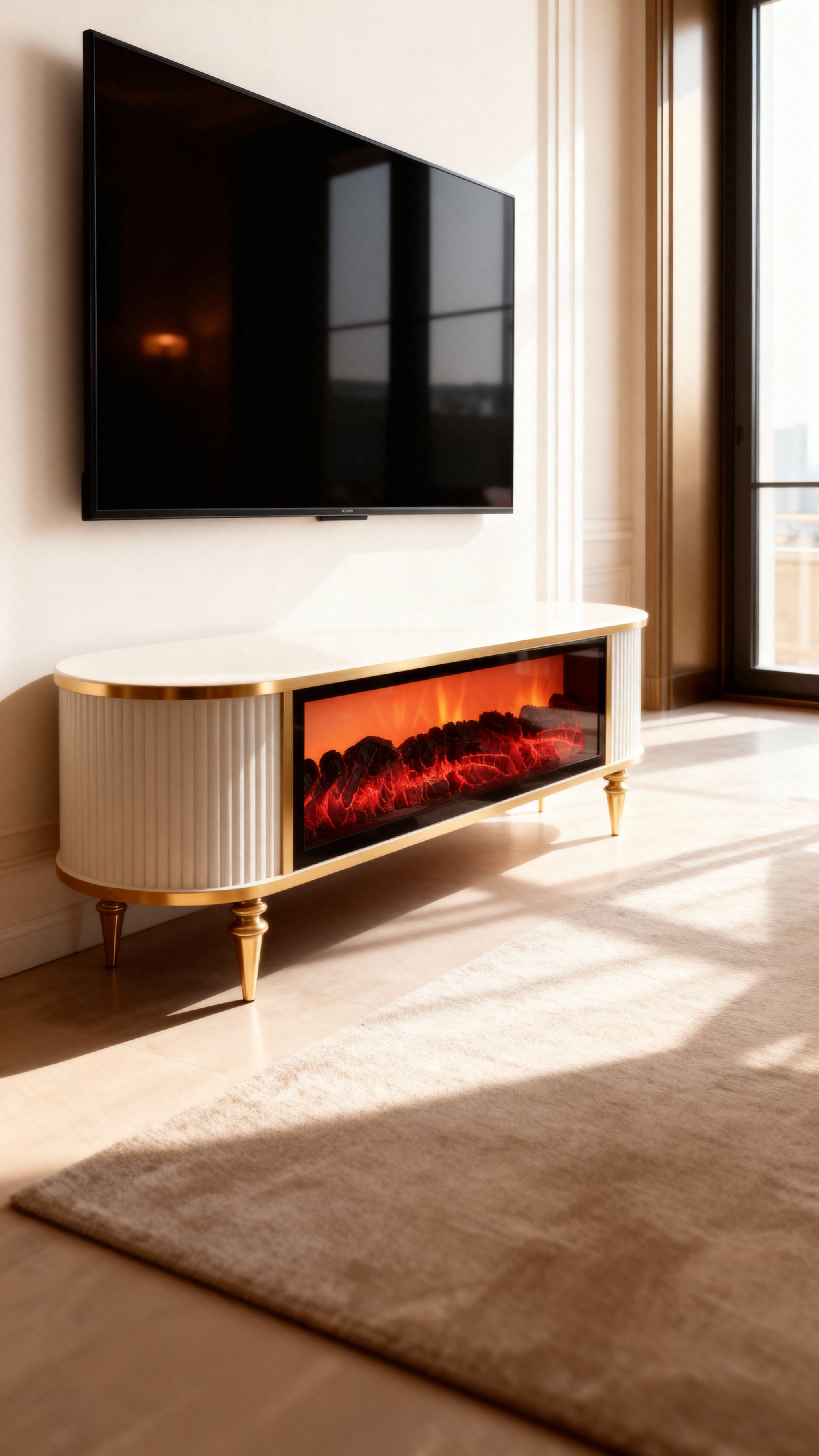 Смарт ТВ шкаф Виеста с камина и аудио – Крем със злато (160×38×53 см)