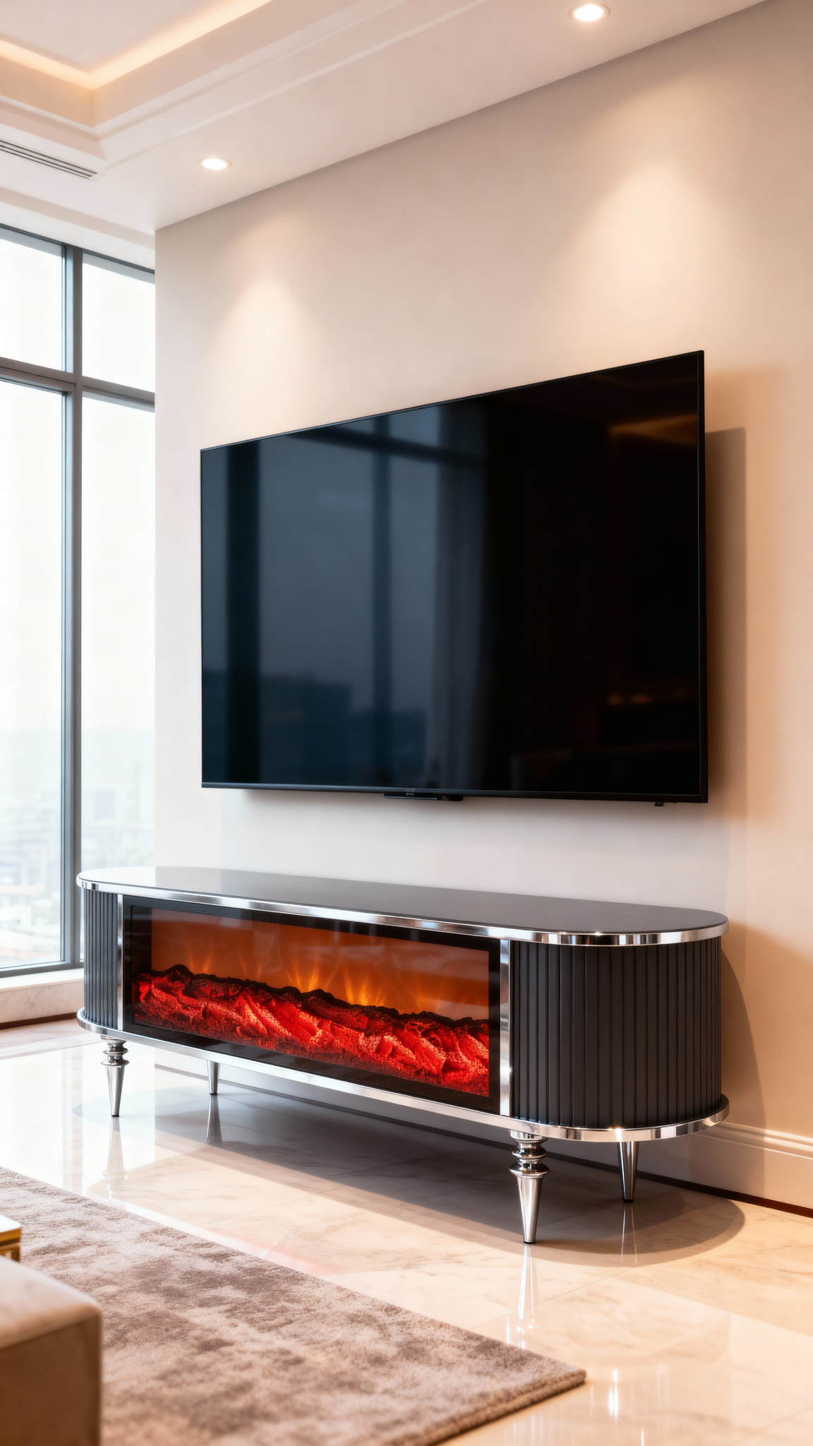 Смарт ТВ шкаф Виеста с камина и аудио – Антрацит и сребро (160×38×53 см)