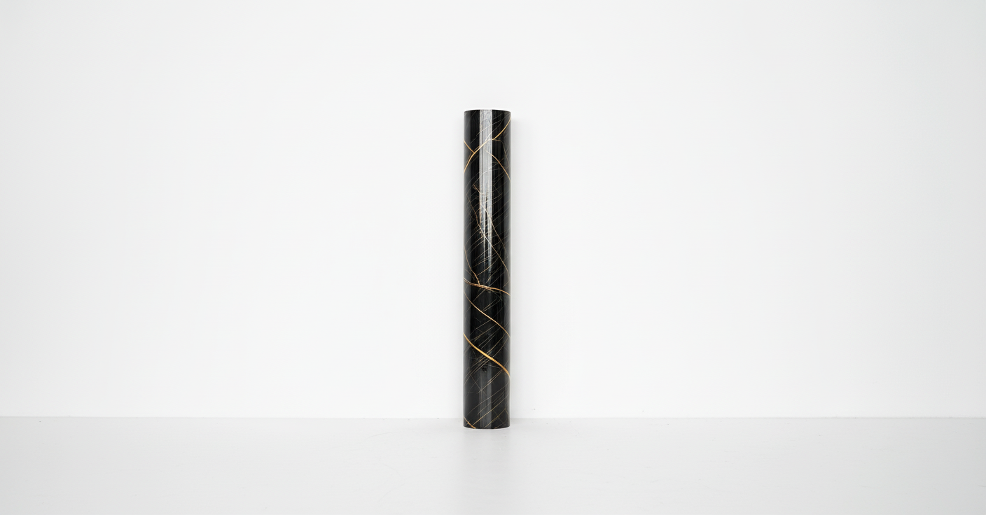 Декоративно самозалепващо фолио – Черна геометрия със златни линии „Gold Grid“ (120×300 см)