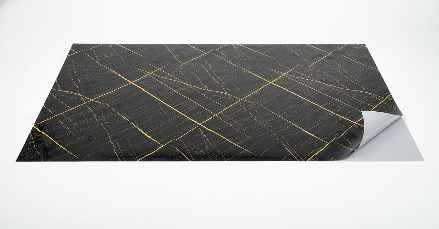 Декоративно самозалепващо фолио – Черна геометрия със златни линии „Gold Grid“ (120×300 см)