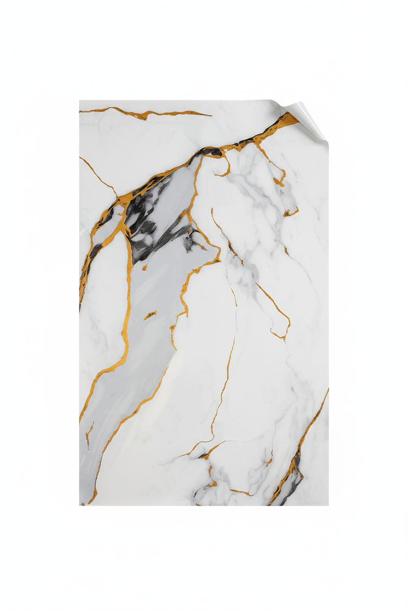Декоративно самозалепващо фолио – Бял мрамор с драматични златни жили „Imperial Gold“ (120×300 см)
