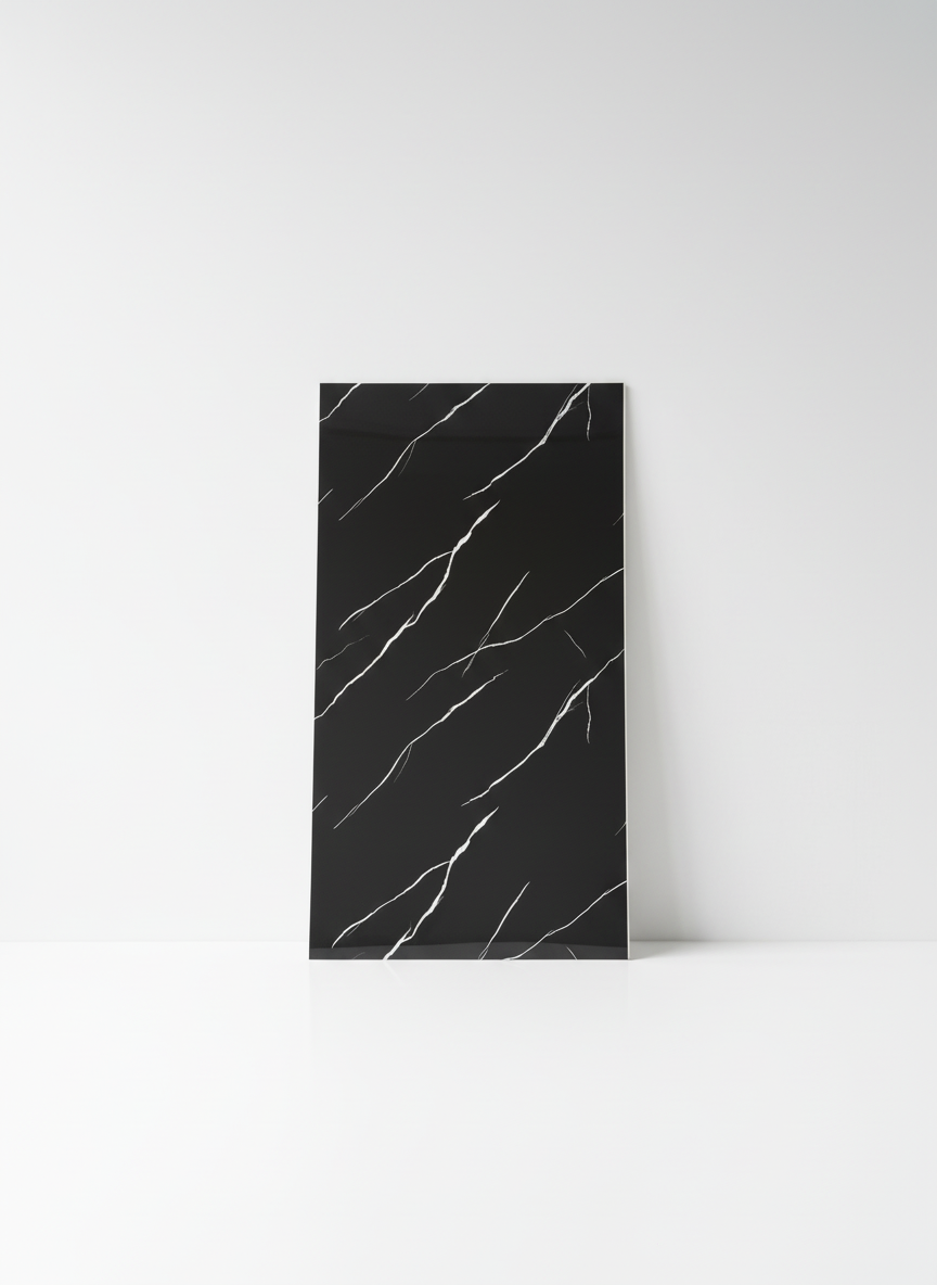 ПВЦ стенен панел 122×244 см – Черен гланц с бели жилки