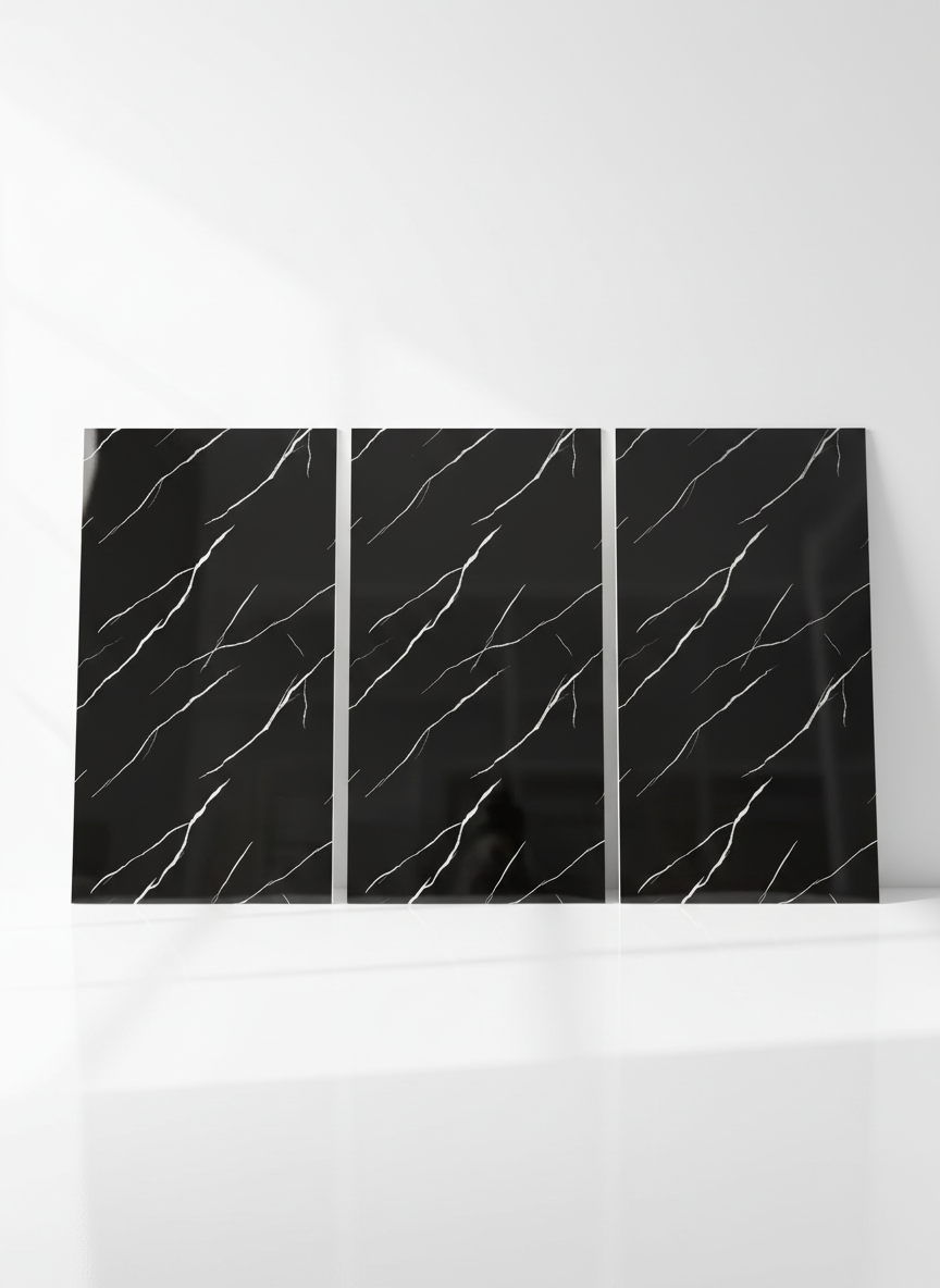 ПВЦ стенен панел 122×244 см – Черен гланц с бели жилки