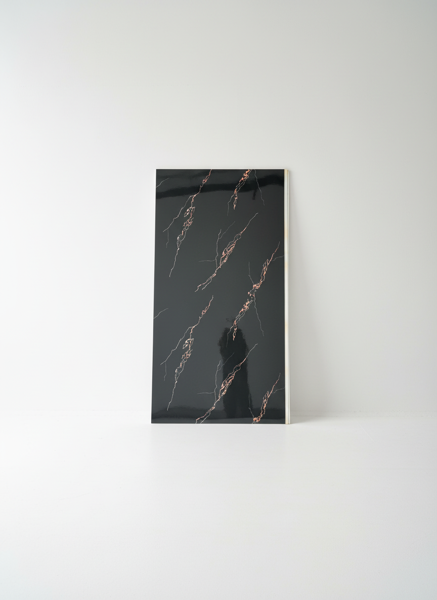 ПВЦ стенен панел 122×244 см – Черен мрамор с медни вени